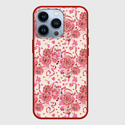 Чехол для iPhone 13 Pro Букеты роз с сердечками, цвет: 3D-красный