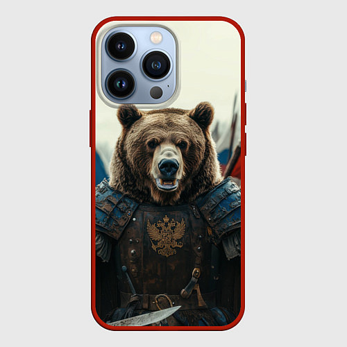 Чехол iPhone 13 Pro Русский воин медведь / 3D-Красный – фото 1