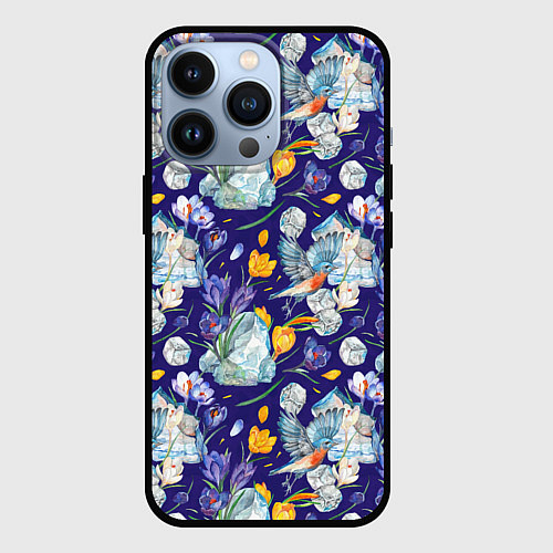 Чехол iPhone 13 Pro Крокусы и зяблик во льдах / 3D-Черный – фото 1