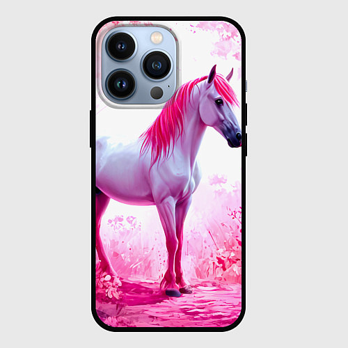 Чехол iPhone 13 Pro Белая лошадь с розовой гривой / 3D-Черный – фото 1