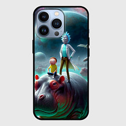 Чехол iPhone 13 Pro Рик и Морти сидят на бегемоте - нейроарт фантазия