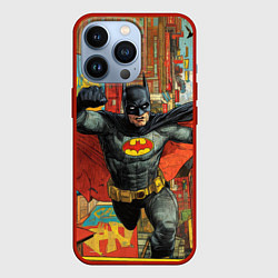 Чехол для iPhone 13 Pro Бэтмен на фоне города, цвет: 3D-красный