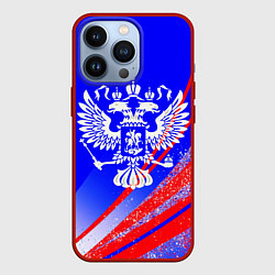 Чехол для iPhone 13 Pro Герб России на фоне цветов флага синий, цвет: 3D-красный
