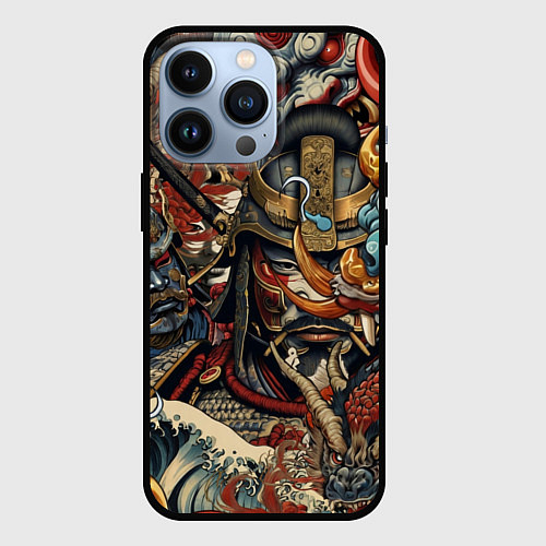 Чехол iPhone 13 Pro Дракон и самурай в стиле татуировки ирезуми / 3D-Черный – фото 1