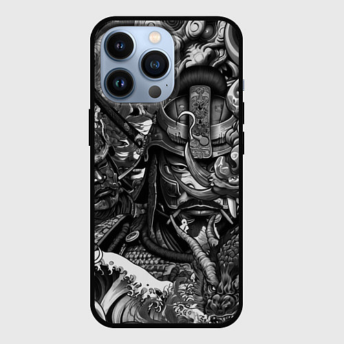 Чехол iPhone 13 Pro Самурай и дракон в стиле татуировки ирезуми / 3D-Черный – фото 1