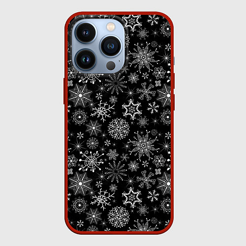 Чехол iPhone 13 Pro Белые снежинки на черном / 3D-Красный – фото 1