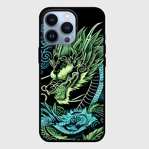 Чехол iPhone 13 Pro Ирезуми - неоновый японский дракон / 3D-Черный – фото 1