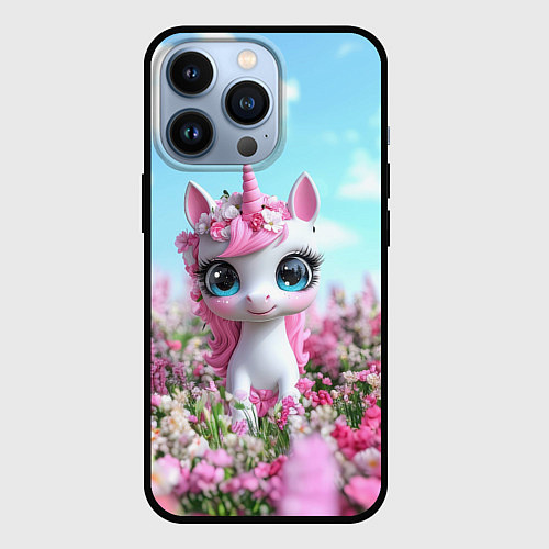 Чехол iPhone 13 Pro Единорожка в цветочках / 3D-Черный – фото 1