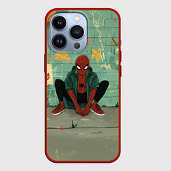 Чехол для iPhone 13 Pro Человек паук сидит у стены, цвет: 3D-красный