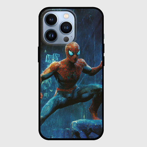 Чехол iPhone 13 Pro Человек - паук в ночном городе / 3D-Черный – фото 1