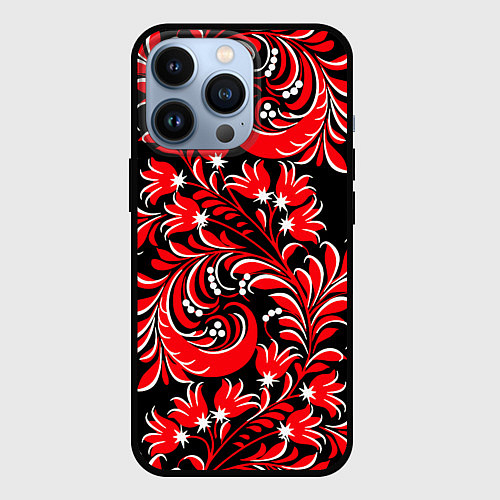 Чехол iPhone 13 Pro Хохлома - красная роспись / 3D-Черный – фото 1