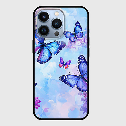 Чехол iPhone 13 Pro Бабочки и сирень - нежная голубая живопись / 3D-Черный – фото 1