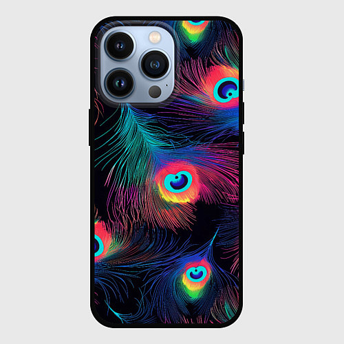 Чехол iPhone 13 Pro Павлиньи перья - разные оттенки / 3D-Черный – фото 1
