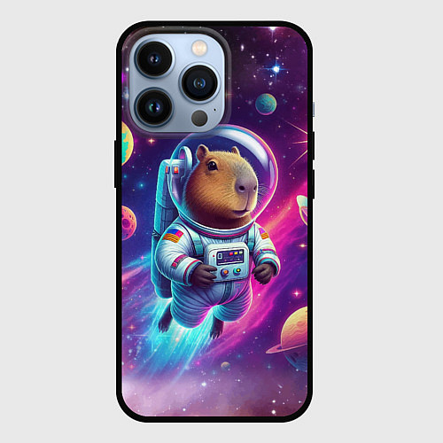Чехол iPhone 13 Pro Космонавт капибара в неоновом космосе / 3D-Черный – фото 1