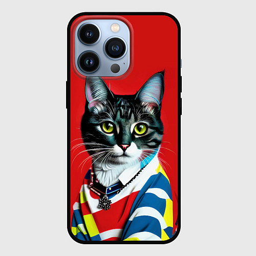 Чехол iPhone 13 Pro Милая кисуля в модном пуловере - поп-арт / 3D-Черный – фото 1