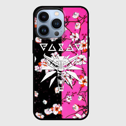 Чехол iPhone 13 Pro Ведьмак паттерн сакура / 3D-Черный – фото 1