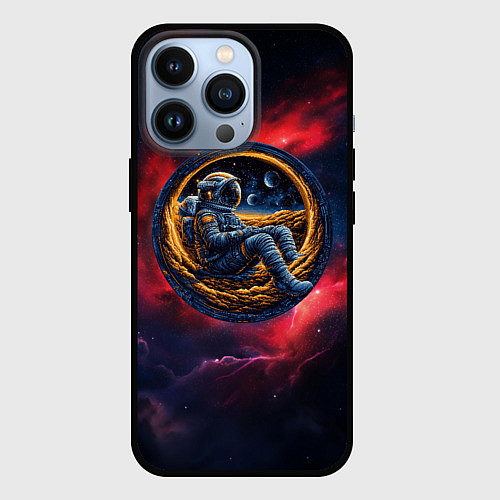 Чехол iPhone 13 Pro Космонавт сидит в луне / 3D-Черный – фото 1