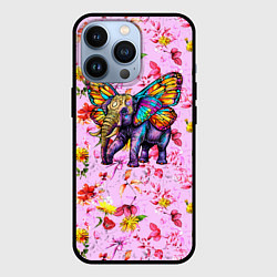 Чехол для iPhone 13 Pro Слон с крыльями бабочки, цвет: 3D-черный