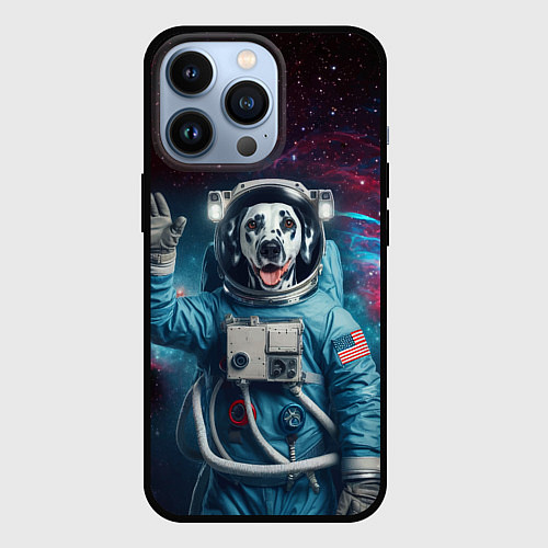 Чехол iPhone 13 Pro Далматинец бравый космонавт - нейроарт / 3D-Черный – фото 1