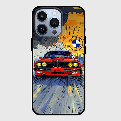 Чехол iPhone 13 Pro Красная BMW на скорости / 3D-Черный – фото 1