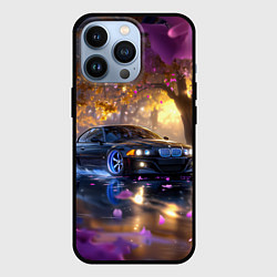 Чехол для iPhone 13 Pro БМВ и фиолетовые цветы, цвет: 3D-черный