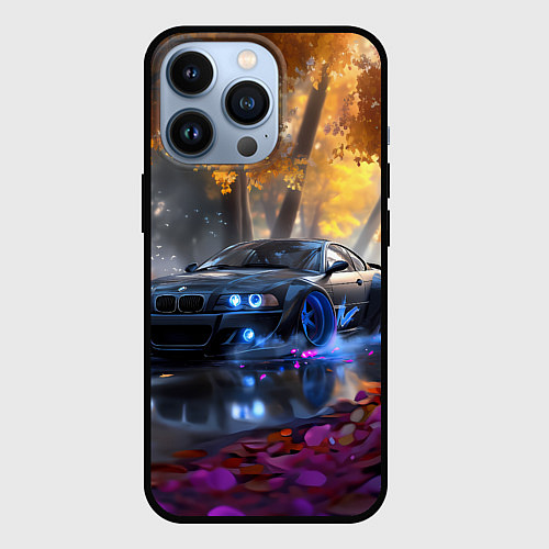 Чехол iPhone 13 Pro BMW синие неоновые фары / 3D-Черный – фото 1
