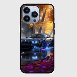 Чехол для iPhone 13 Pro BMW синие неоновые фары, цвет: 3D-черный
