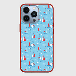Чехол для iPhone 13 Pro Морской паттерн с парусными лодками и чайками, цвет: 3D-красный