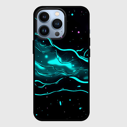 Чехол iPhone 13 Pro Голубые неоновые волны текстура / 3D-Черный – фото 1