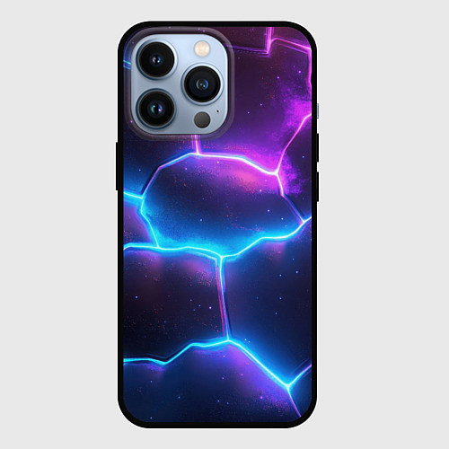 Чехол iPhone 13 Pro Синие и фиолетовые молнии в разломе / 3D-Черный – фото 1