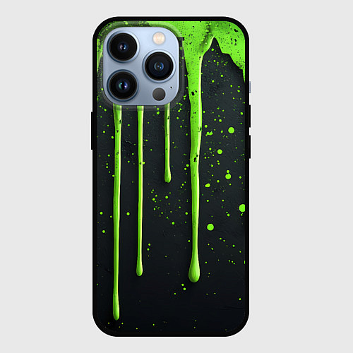 Чехол iPhone 13 Pro Зеленая краска стекающая на черном фоне / 3D-Черный – фото 1