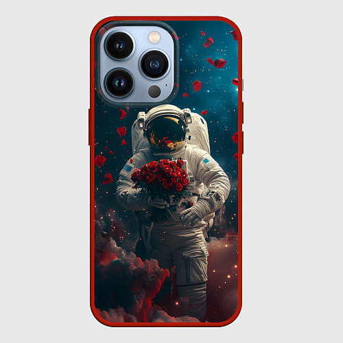 Чехол iPhone 13 Pro Космонавт с букетом роз / 3D-Красный – фото 1