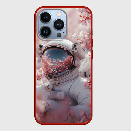 Чехол iPhone 13 Pro Космонавт в весенних листьях / 3D-Красный – фото 1