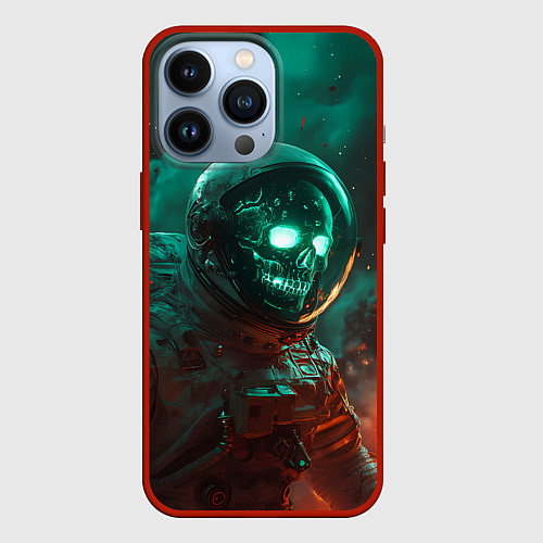 Чехол iPhone 13 Pro Неоновый череп в скафандре космонавта / 3D-Красный – фото 1