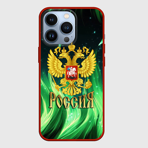 Чехол iPhone 13 Pro Россия на фоне зеленого огня / 3D-Красный – фото 1
