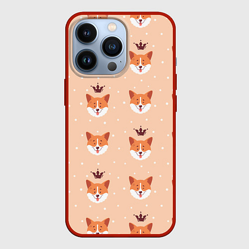 Чехол iPhone 13 Pro Паттерн с милыми мордочками собак породы корги / 3D-Красный – фото 1