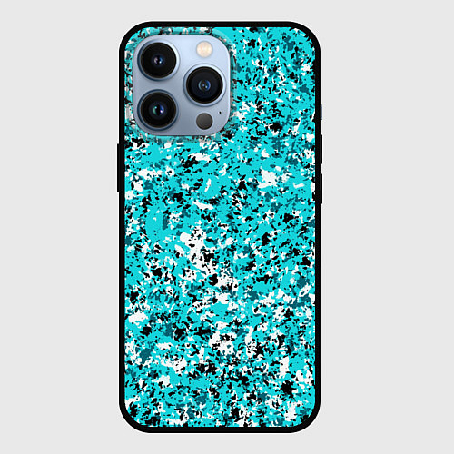 Чехол iPhone 13 Pro Пёстрый голубой с чёрно-белыми хлопьями / 3D-Черный – фото 1