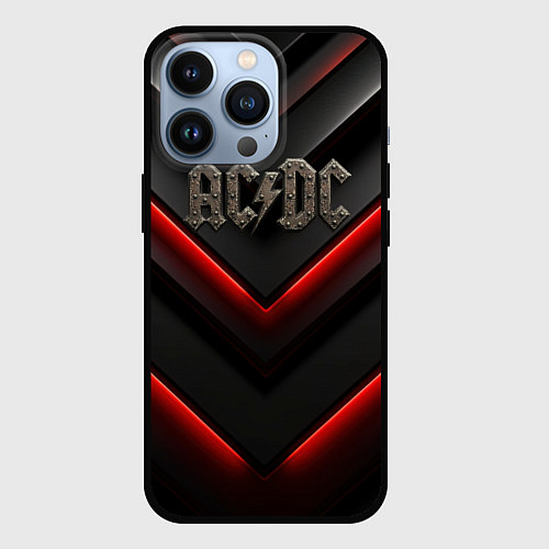 Чехол iPhone 13 Pro ACDC лого из металла на черно-красной текстуре / 3D-Черный – фото 1