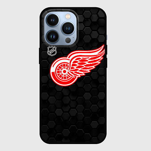 Чехол iPhone 13 Pro Детройт Ред Уингз - черные соты / 3D-Черный – фото 1