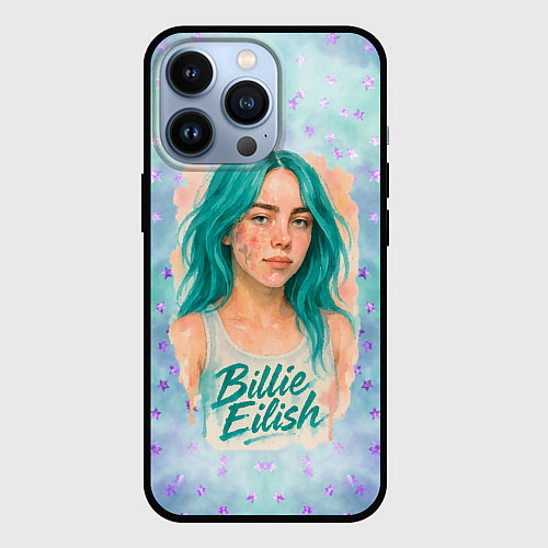 Чехол iPhone 13 Pro Билли Айлиш бирюзовые волосы / 3D-Черный – фото 1