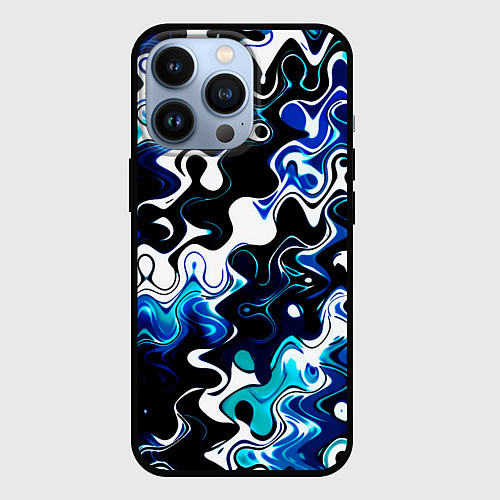 Чехол iPhone 13 Pro Абстракция разлитые краски чёрно-сине-белый / 3D-Черный – фото 1