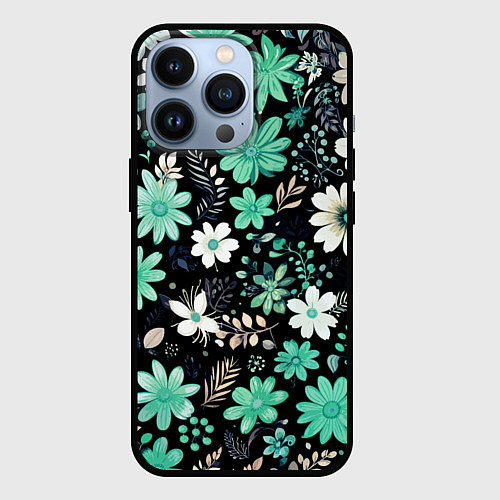 Чехол iPhone 13 Pro Чёрный в зелёный цветочек стилизованный / 3D-Черный – фото 1