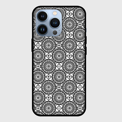 Чехол iPhone 13 Pro Черно белый кружевной узор / 3D-Черный – фото 1