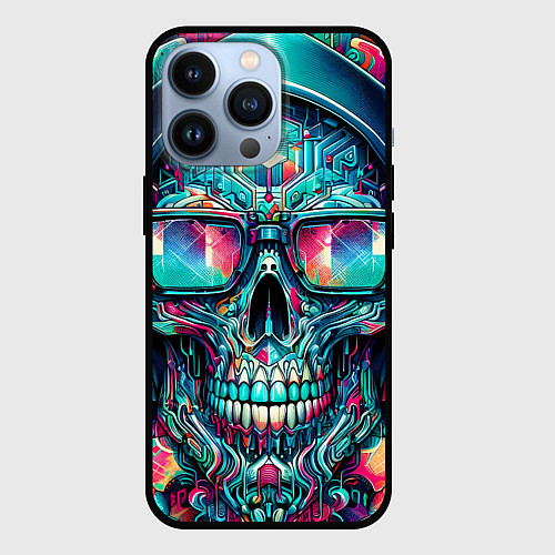 Чехол iPhone 13 Pro Кибер череп в балахоне и очках - нейроарт фантазия / 3D-Черный – фото 1