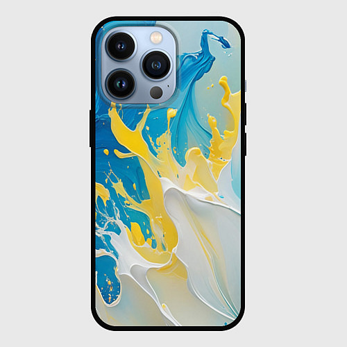 Чехол iPhone 13 Pro Масляные краски, брызги, желтые белые синие цвета / 3D-Черный – фото 1
