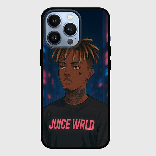 Чехол iPhone 13 Pro Juice WRLD - Неоновый аниме арт / 3D-Черный – фото 1
