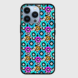 Чехол для iPhone 13 Pro Разноцветные цветы бирюзовые малиновые синие, цвет: 3D-черный