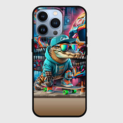Чехол для iPhone 13 Pro Крокодилёныш крутой скейтбордист - киберпанк, цвет: 3D-черный