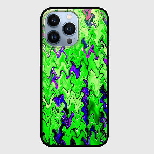 Чехол iPhone 13 Pro Ярко-зелёный стекающая абстаркция / 3D-Черный – фото 1