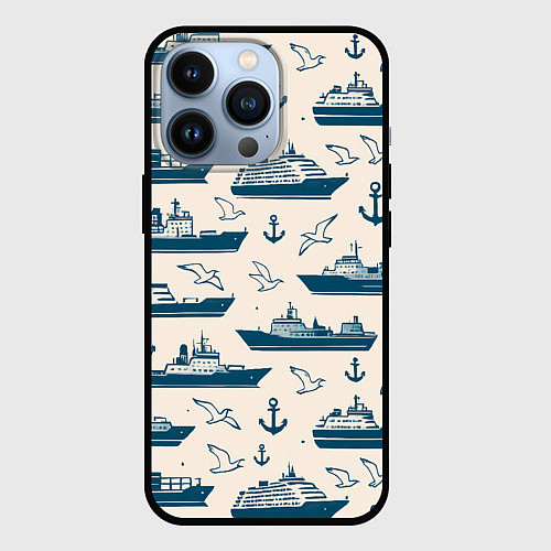 Чехол iPhone 13 Pro Морской паттерн из чаек, якорей и кораблей / 3D-Черный – фото 1